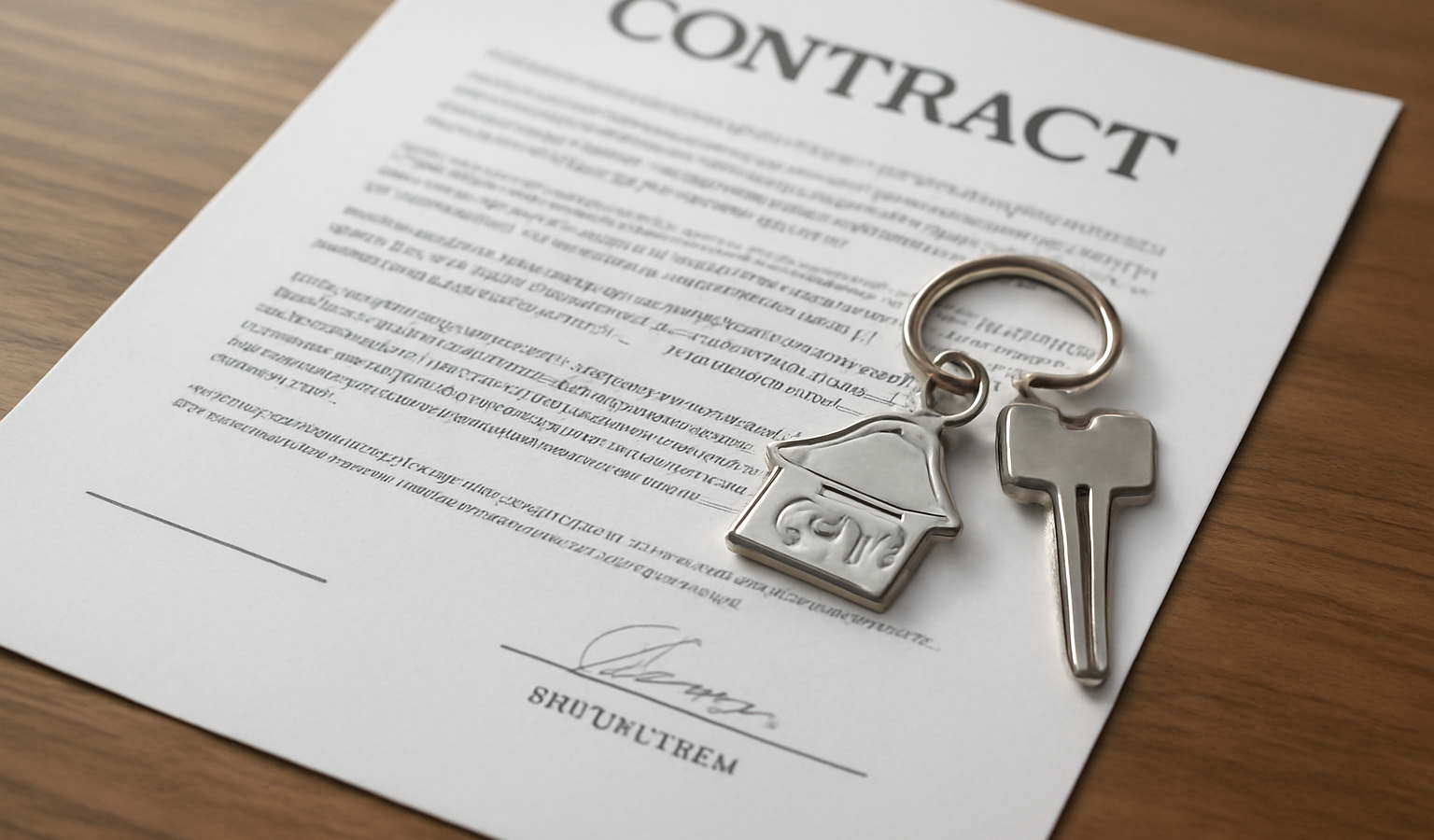 contrat signé posé à côté clé de maison