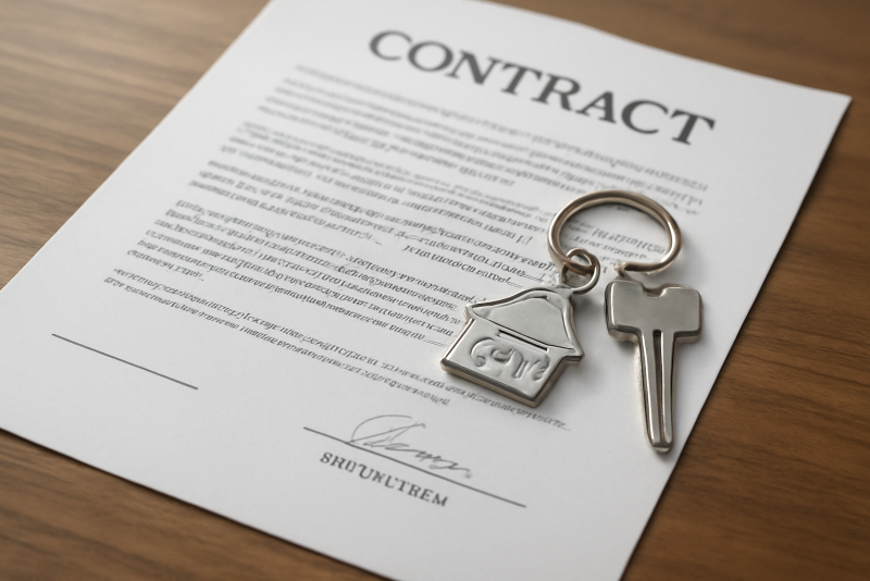 contrat signé posé à côté clé de maison