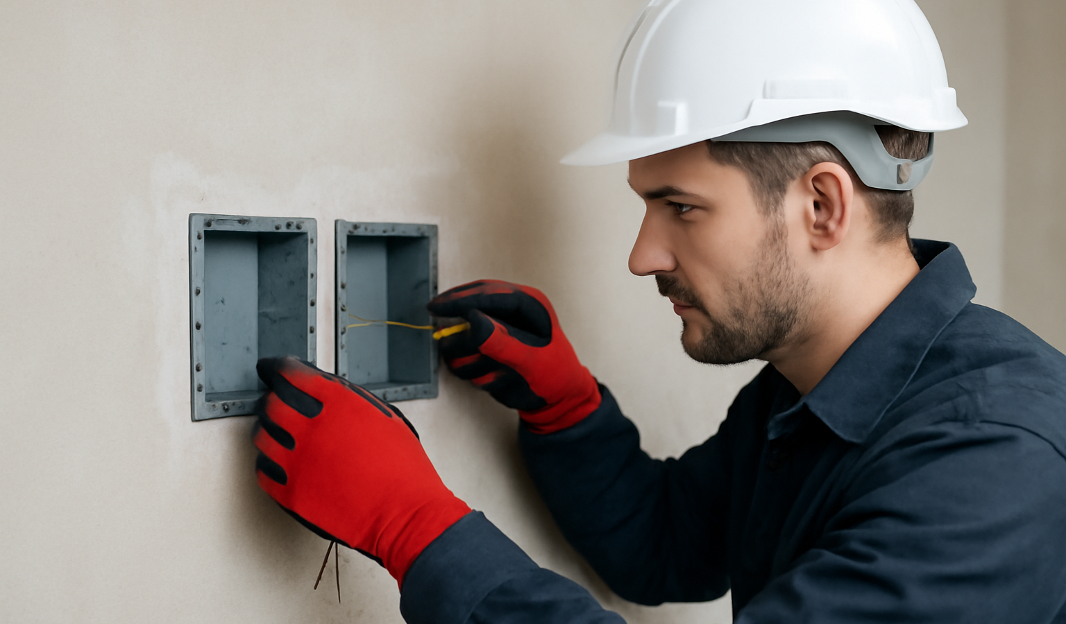 électricien installant boîtiers électriques encastrés
