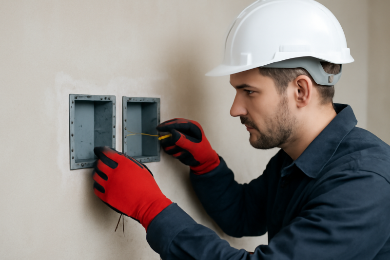 électricien installant boîtiers électriques encastrés