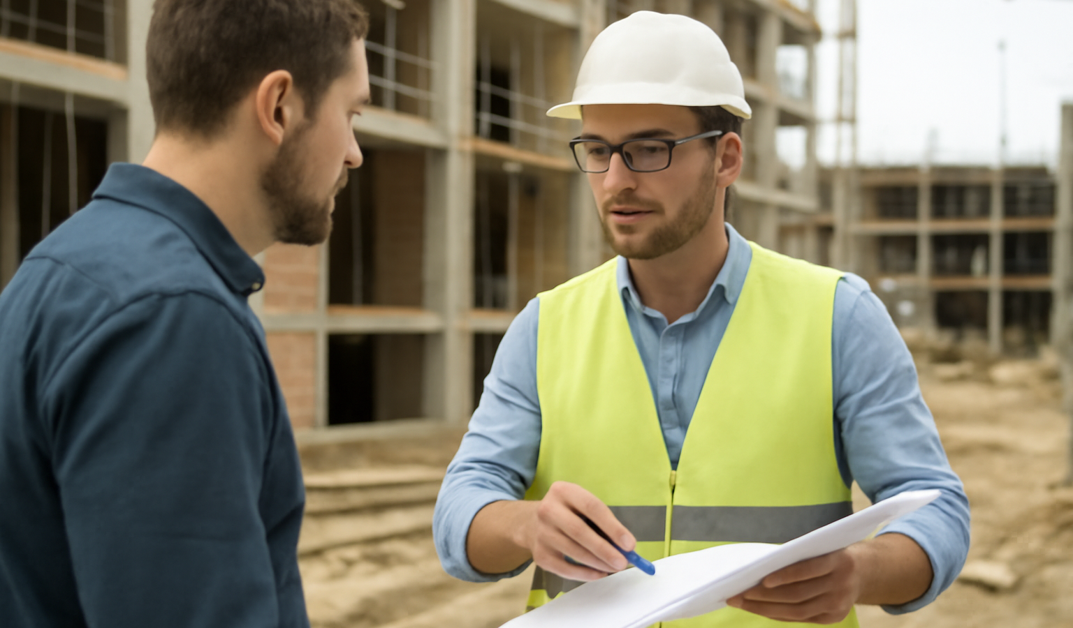 maître d'œuvre discutant devis sur chantier