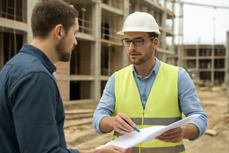 maître d'œuvre discutant devis sur chantier