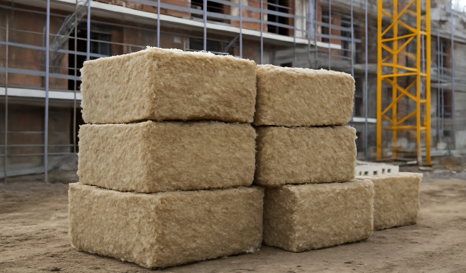 balles d'isolant empilées près d'un chantier