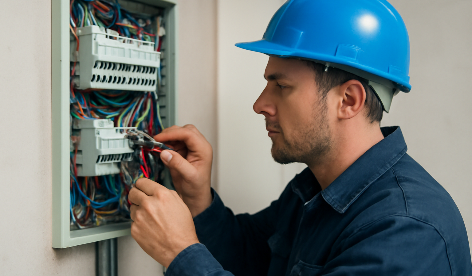 électricien câblant un tableau électrique domestique