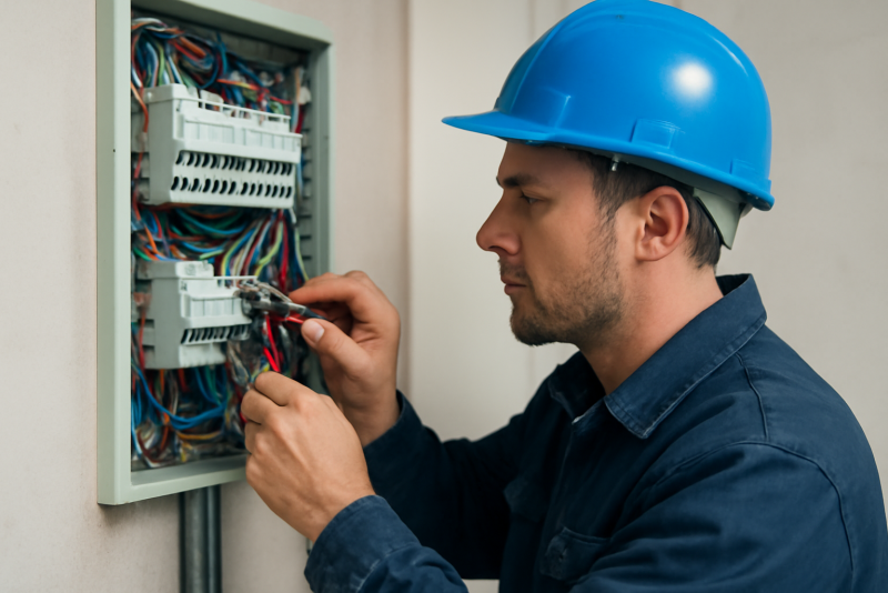 électricien câblant un tableau électrique domestique