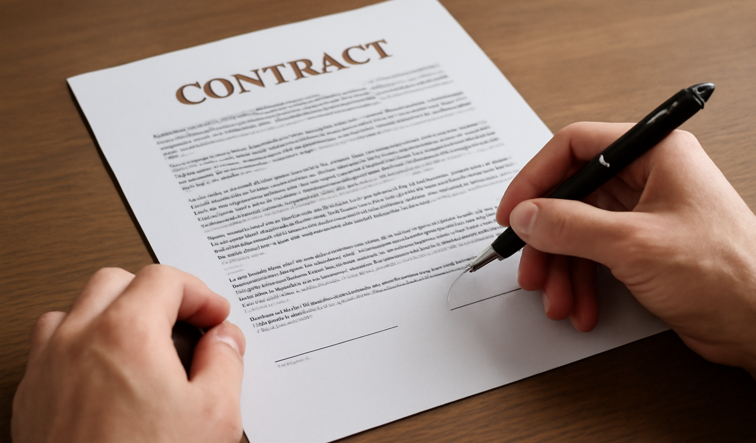 mains tenant contrat et stylo sur table