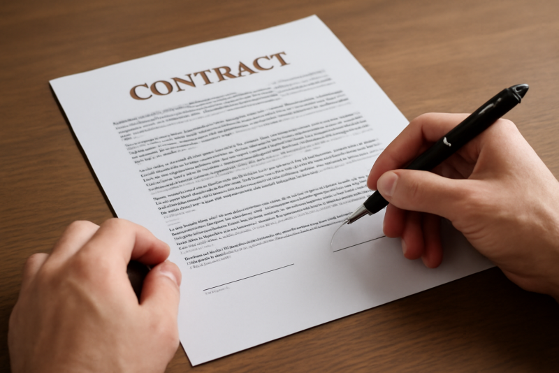 mains tenant contrat et stylo sur table