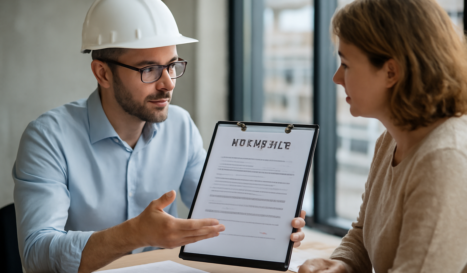 architecte expliquant contrat chantier avec client