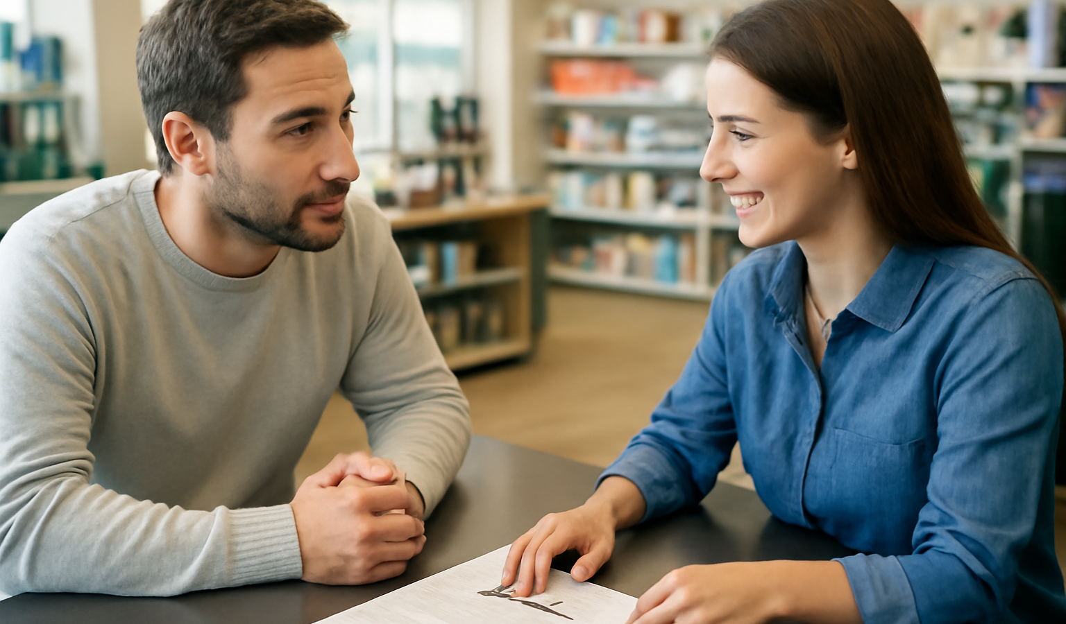 client discutant financement au comptoir d'un magasin