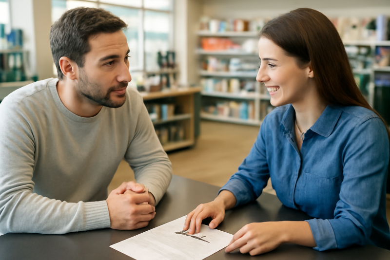client discutant financement au comptoir d'un magasin