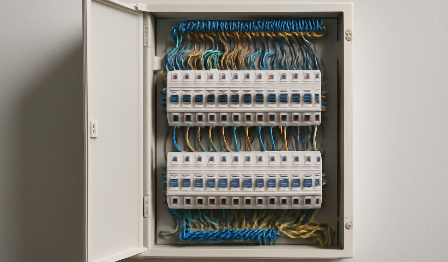 tableau électrique ouvert avec fils ordonnés