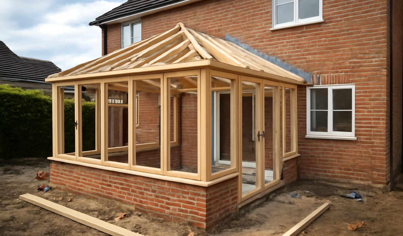 véranda en construction devant une maison