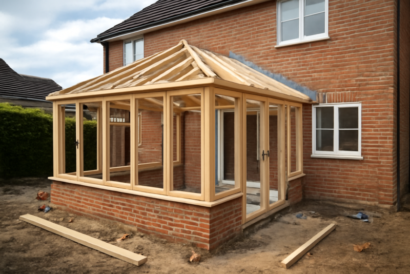véranda en construction devant une maison