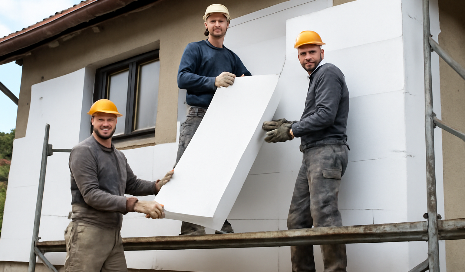 ouvriers posant isolation thermique extérieure maison