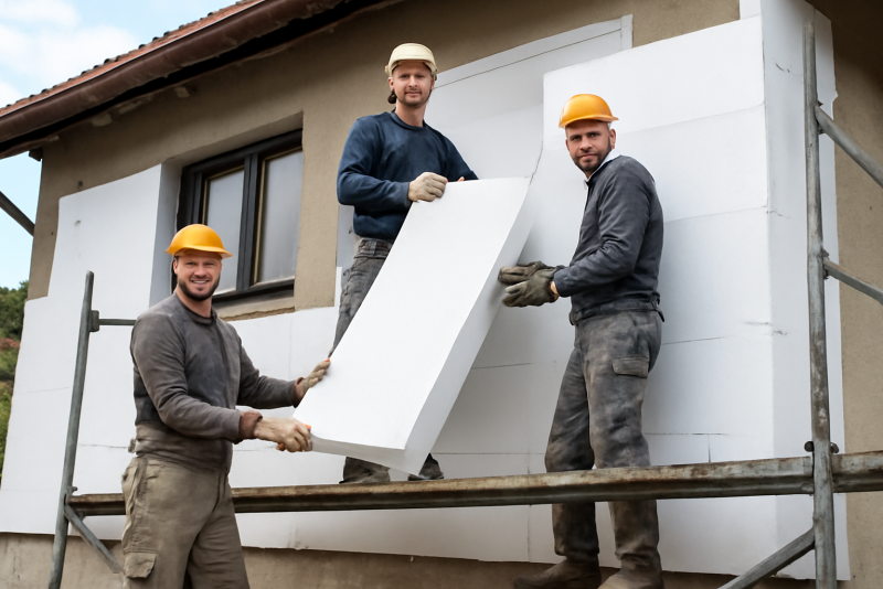 ouvriers posant isolation thermique extérieure maison