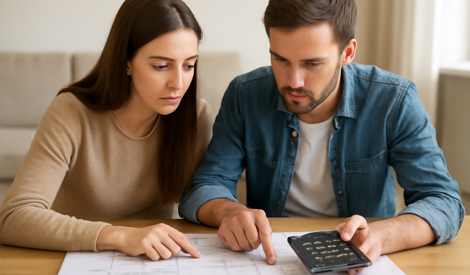 couple consultant des plans et calculatrice