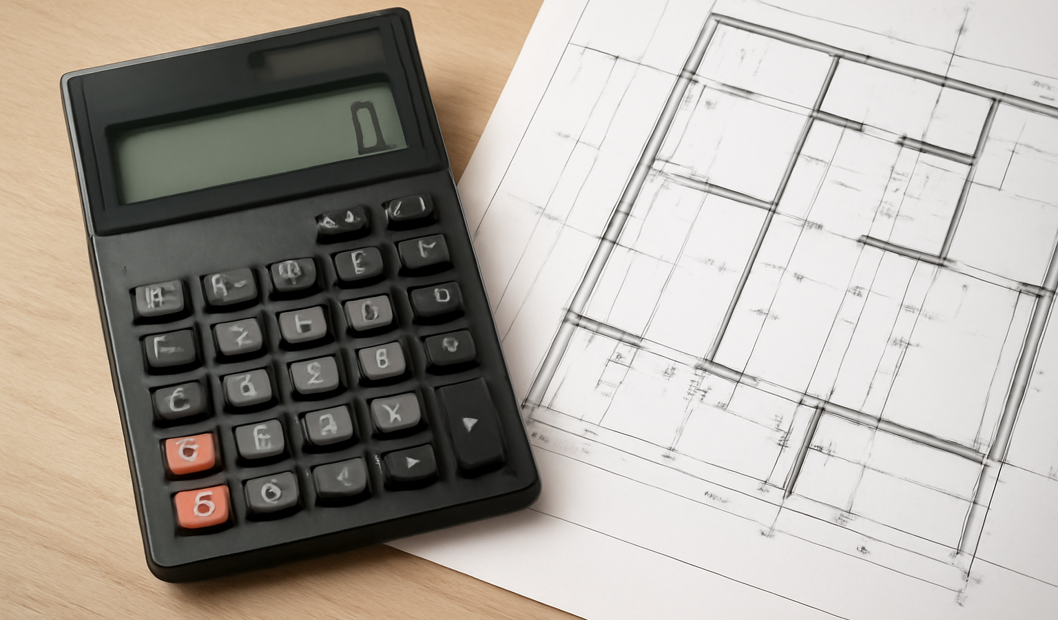calculette et plans sur table