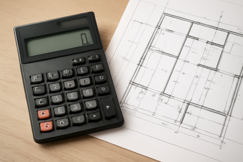calculette et plans sur table