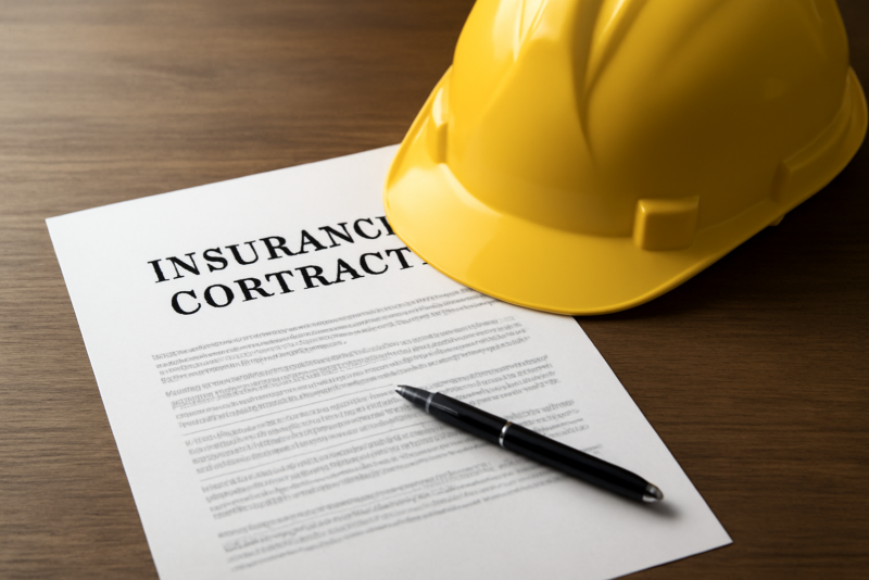 contrat assurance avec casque de chantier pose dessus
