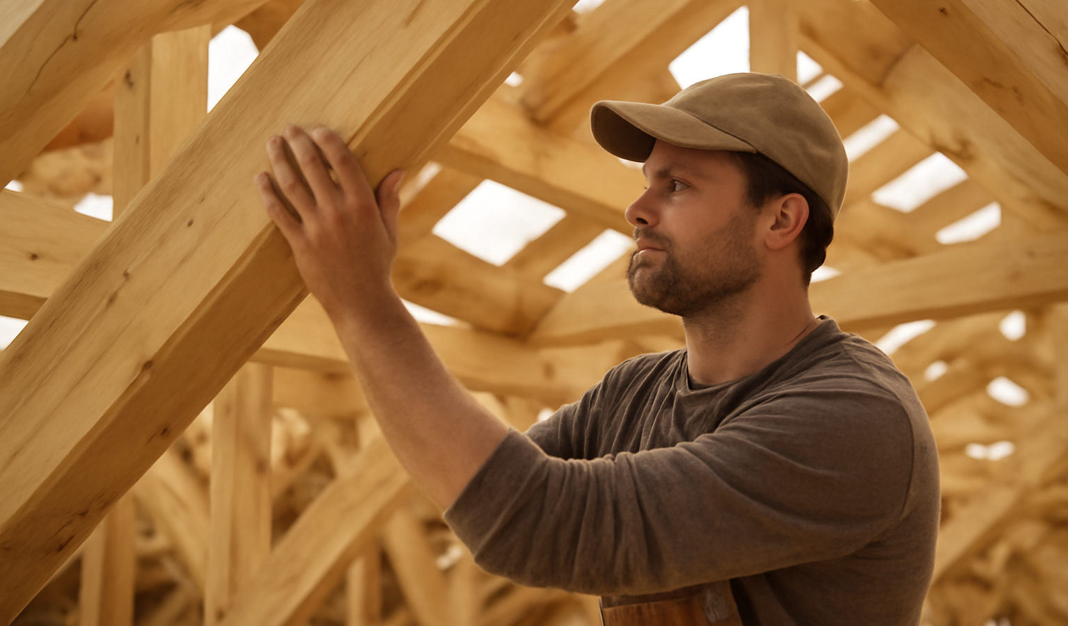 artisan charpentier examinant une charpente en bois