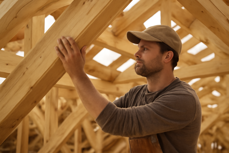 artisan charpentier examinant une charpente en bois