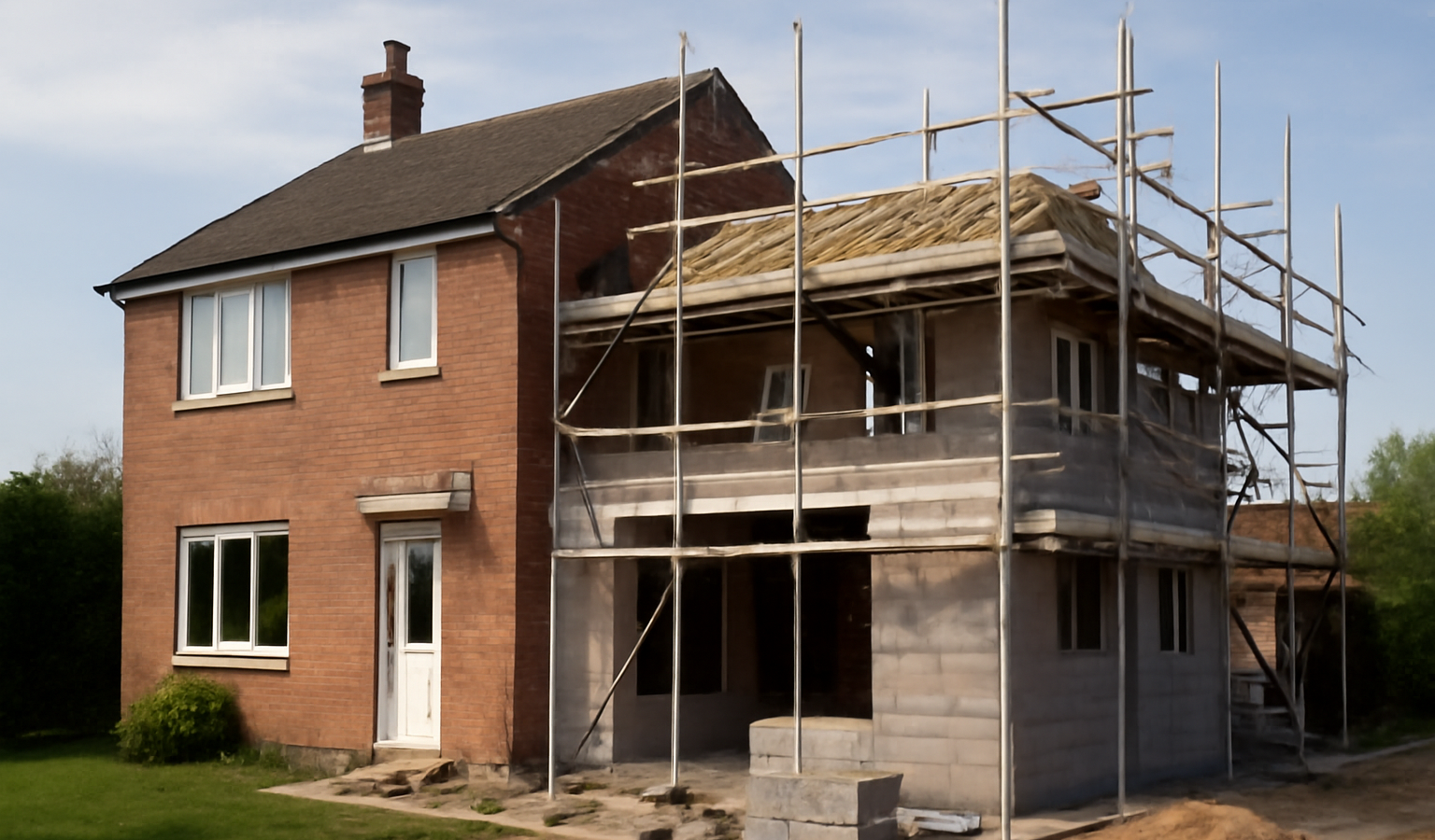 maison avec extension en construction et echafaudage