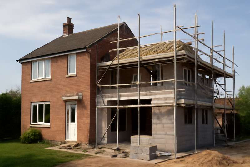 maison avec extension en construction et echafaudage