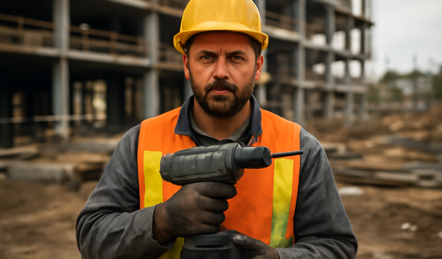 ouvrier tenant une perceuse sur chantier