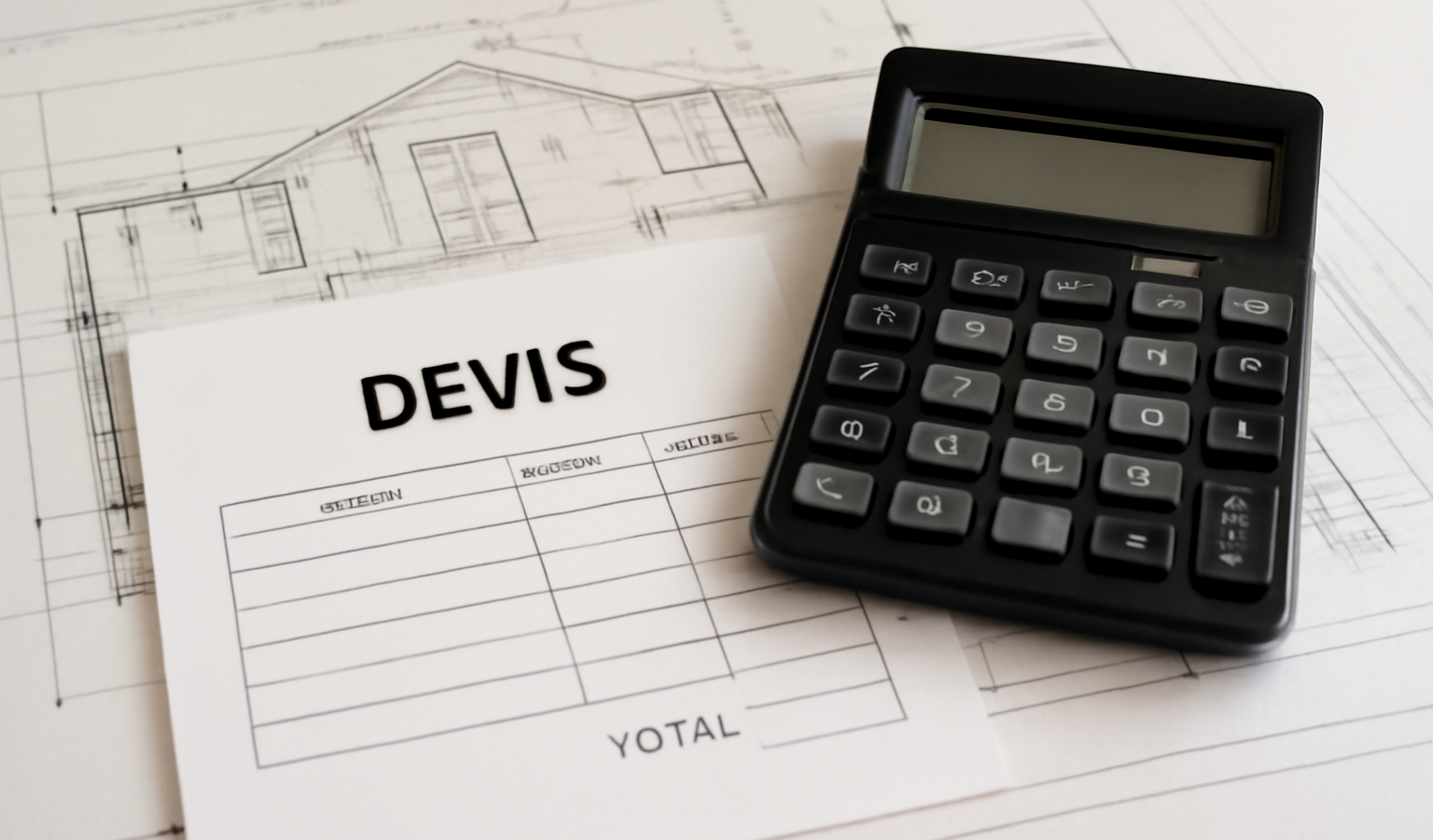 devis et calculatrice poses sur plans de maison