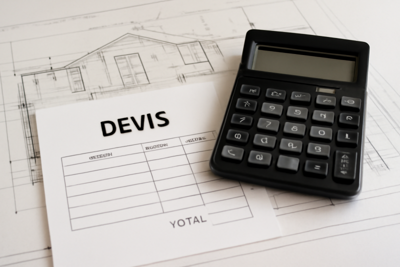 devis et calculatrice poses sur plans de maison