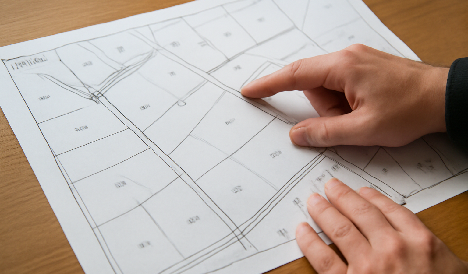 plan cadastral et mains pointant un terrain