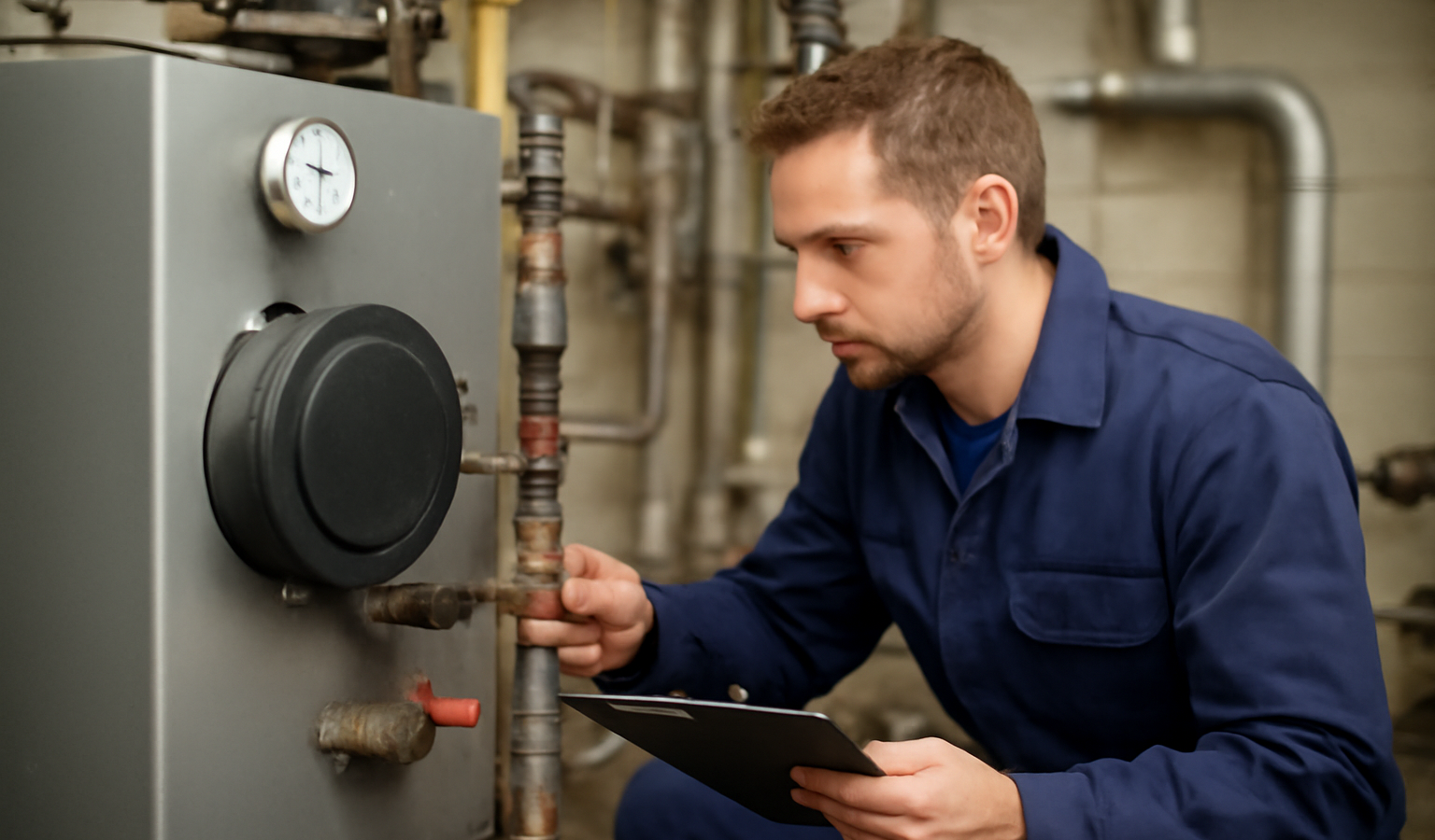 technicien examinant chaudiere dans local technique