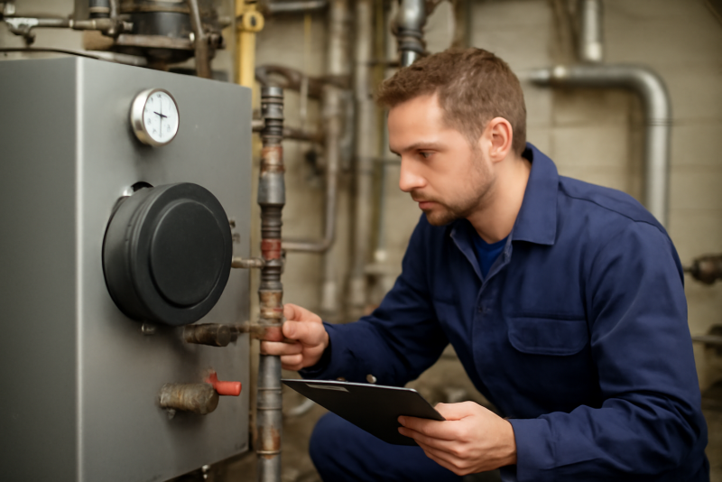 technicien examinant chaudiere dans local technique