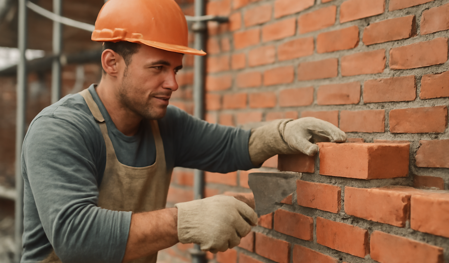 macon travaillant sur mur en briques chantier