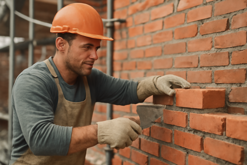 macon travaillant sur mur en briques chantier