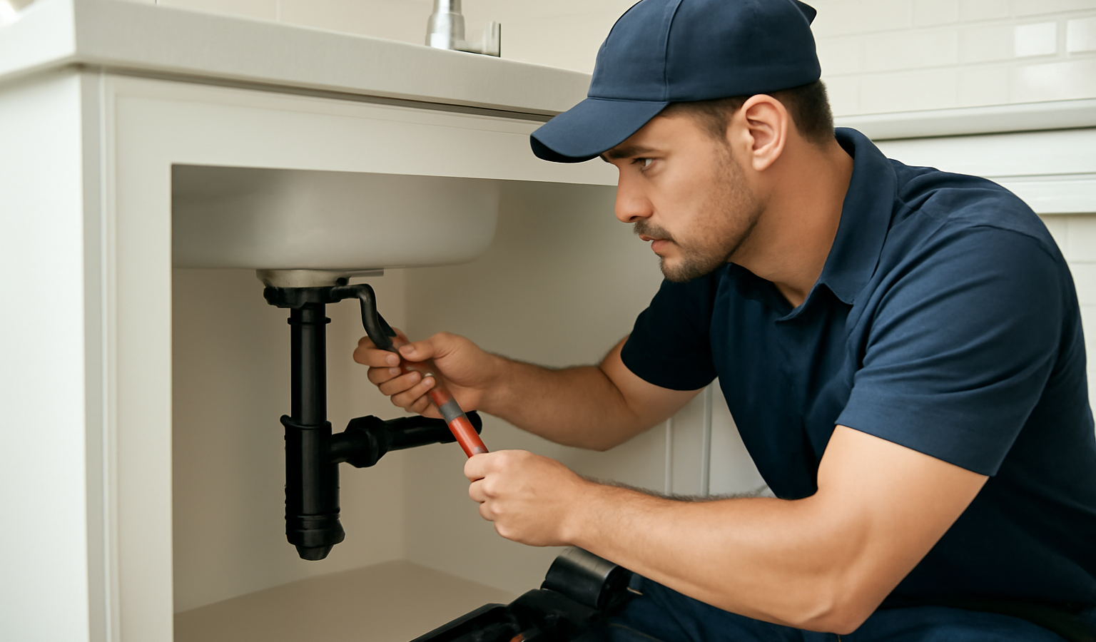 plombier travaillant sous évier neuf