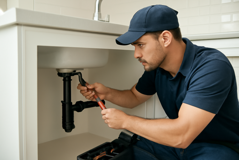 plombier travaillant sous évier neuf