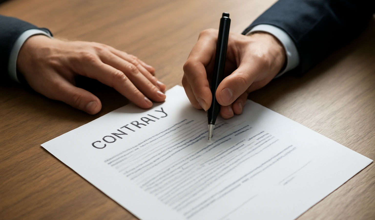 mains signant contrat sur table