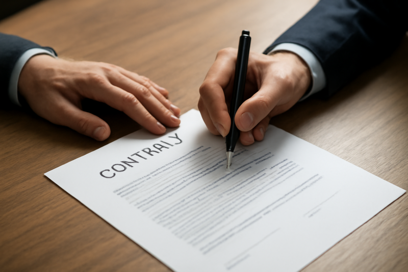 mains signant contrat sur table