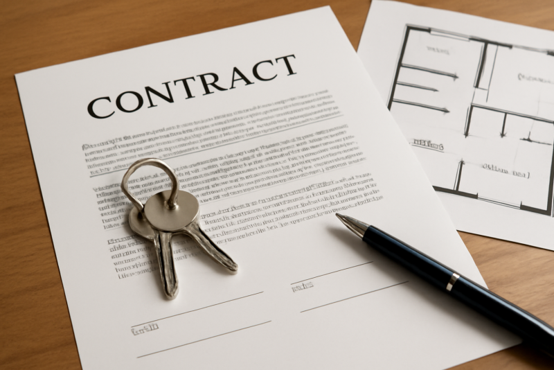 contrat posé avec clés et plans