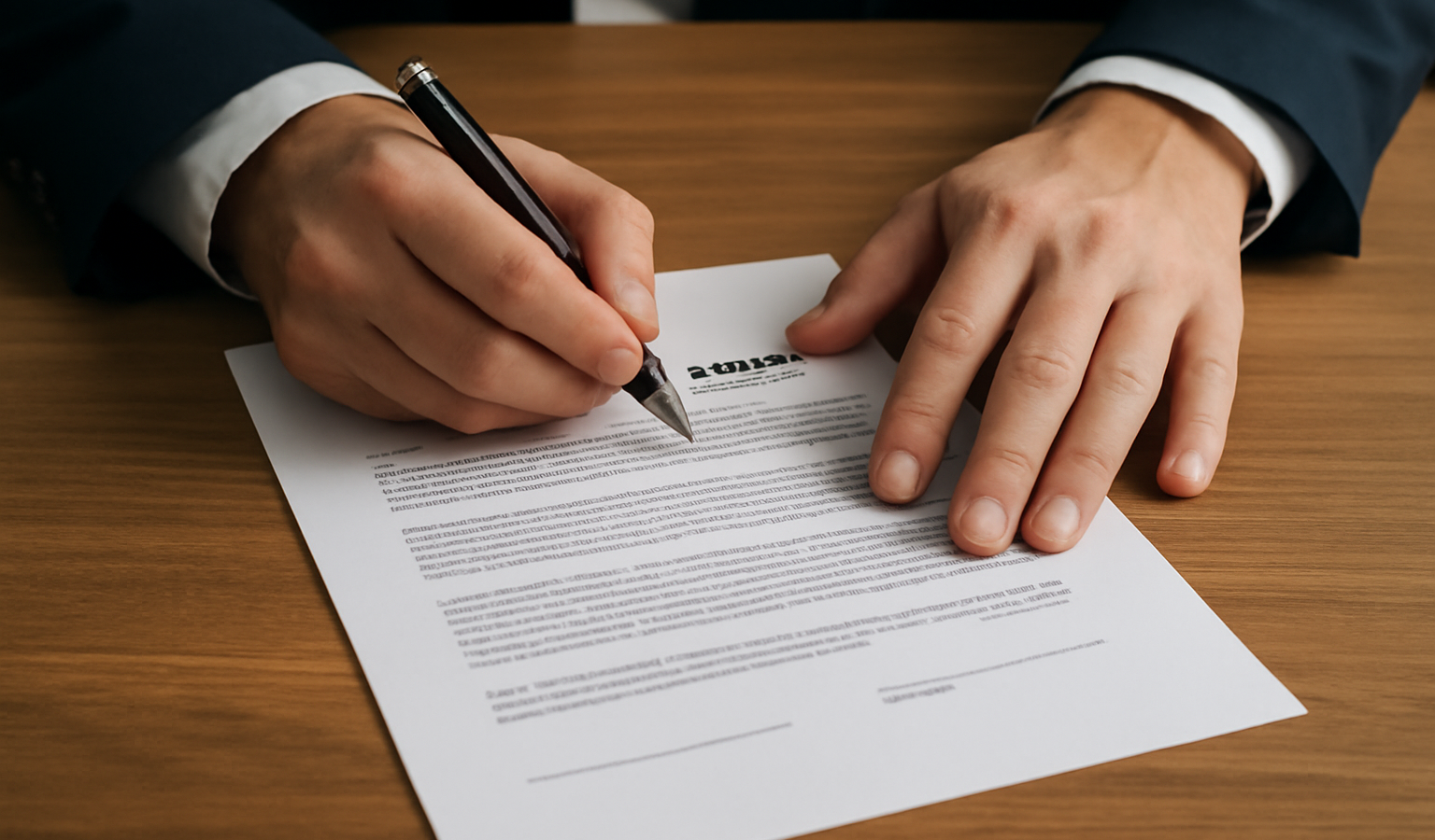 mains signant un contrat sur table