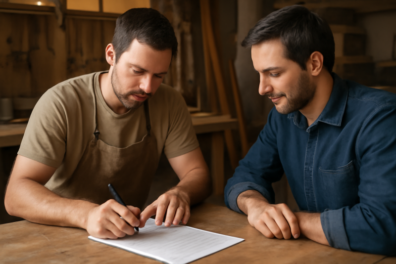 artisan signant un document avec client