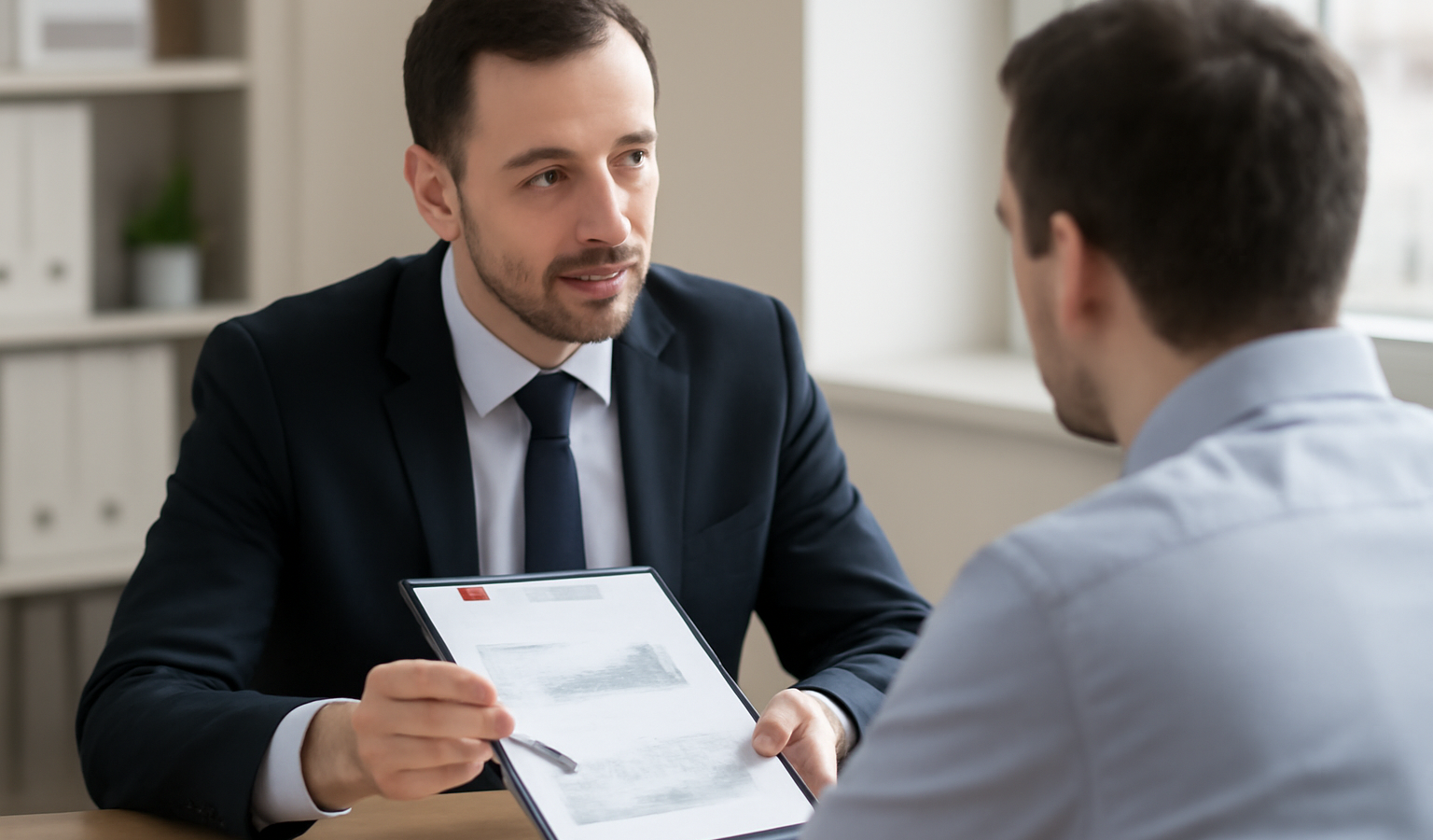 conseiller bancaire expliquant dossier à client