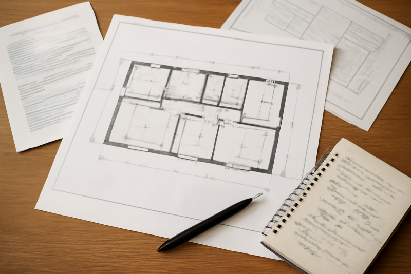 documents et plans posés sur une table