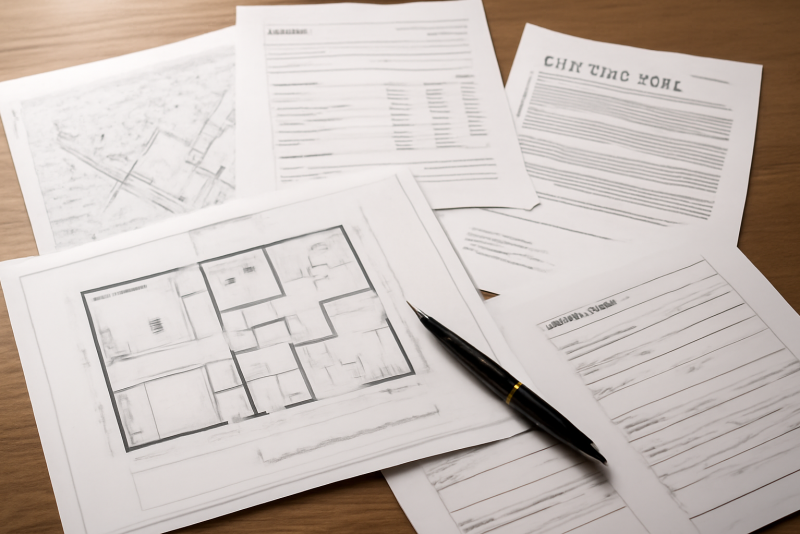 plans et documents administratifs sur table
