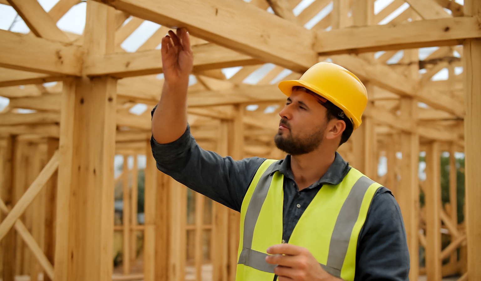 ouvrier verifiant charpente en bois sur chantier