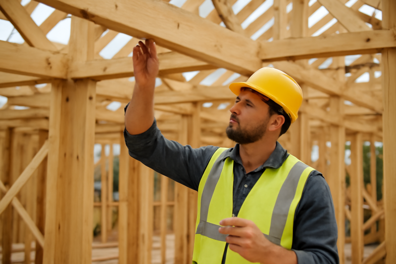 ouvrier verifiant charpente en bois sur chantier