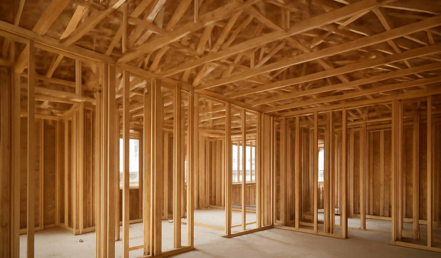 charpente en bois dans un chantier interieur