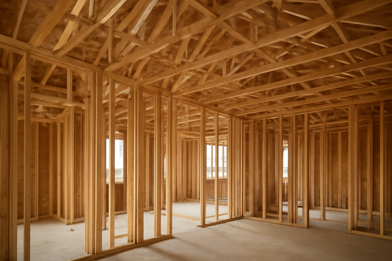 charpente en bois dans un chantier interieur
