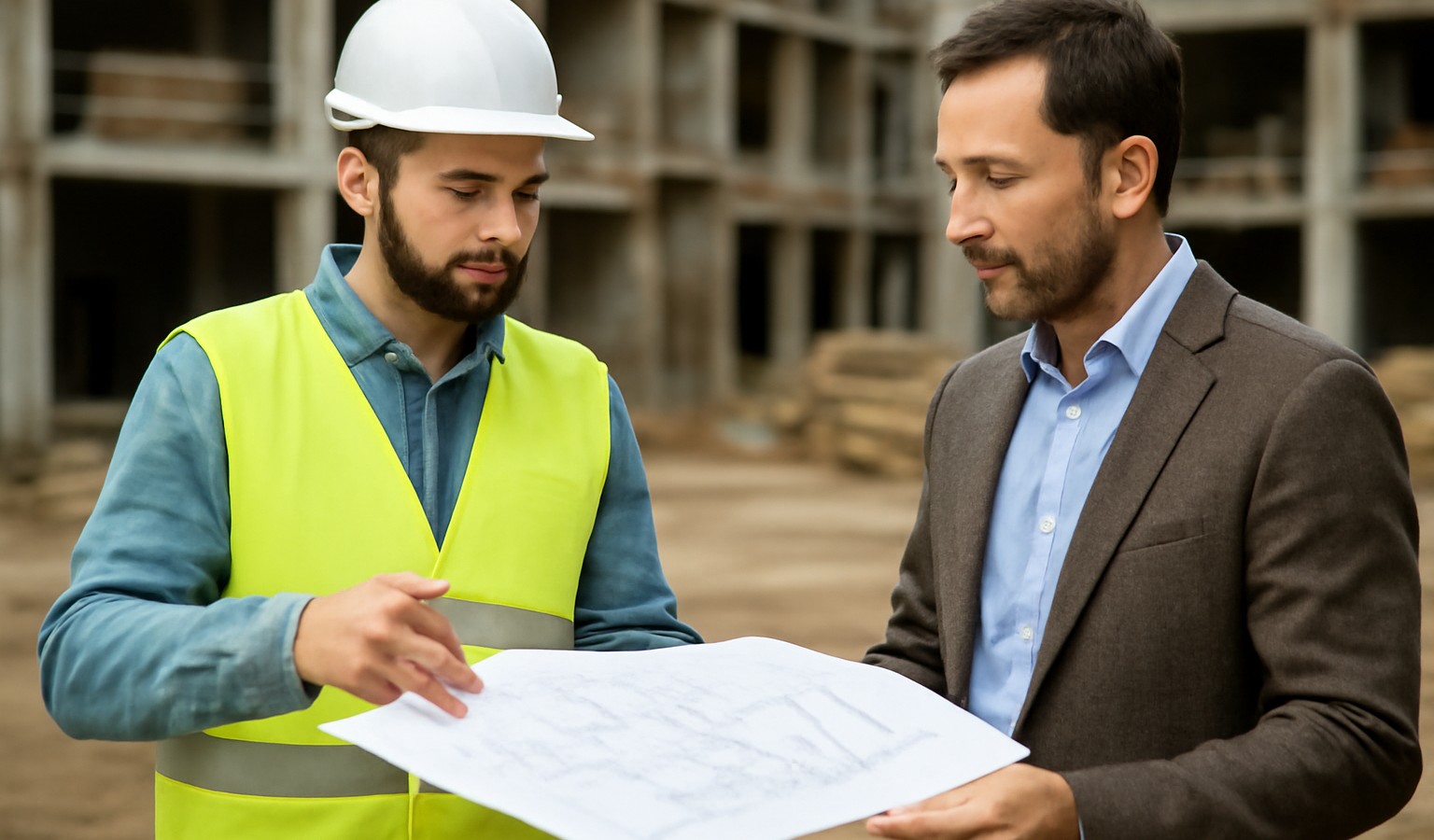chef de chantier discutant plans avec client